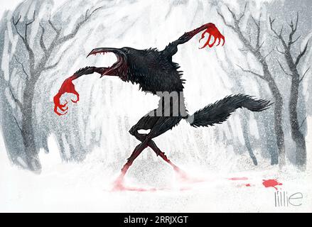 Kunst inspiriert vom Valravn, einem übernatürlichen Raben aus dänischer Folklore. Wenn Raben das Herz eines toten Häuptlings fressen, werden sie zu Valravne. Stockfoto