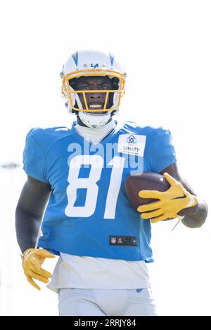 Mike Williams (81) während des gemeinsamen Trainings gegen die New Orleans Saints im Jack Hammett Sports Complex, Freitag, 18. August 2023, in Costa Mesa, Calif. (Ed Ruvalcaba/Image of Sport) Stockfoto