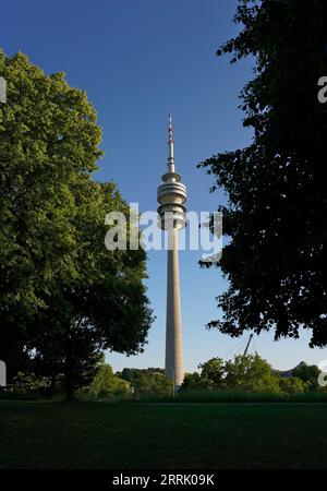 Deutschland, Bayern, München, Olympiaturm, Laubbäume Stockfoto