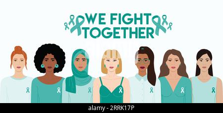 Ovarial- und Gebärmutterhalskrebs-Sensibilisierungsmonat. Wir kämpfen zusammen. Verschiedene Frauen mit blauen Bändern auf der Brust stehen zusammen gegen Krebs. Krebs Stock Vektor