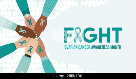 Horizontales Fahne weiblicher Hände, das zusammen mit Teal-Krebsbändern stapelt. Ovarial- und Gebärmutterhalskrebs-Sensibilisierungsmonat. Krebsprävention und Frauen Stock Vektor