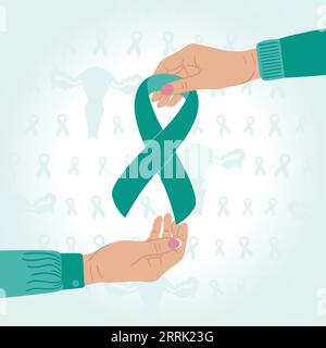 Ovarial- und Gebärmutterhalskrebs-Sensibilisierungsmonat. Weibliche Hände geben und nehmen ein blaues Band. Niemand kämpft allein. Krebsprävention und Frauengesundheitsposten Stock Vektor