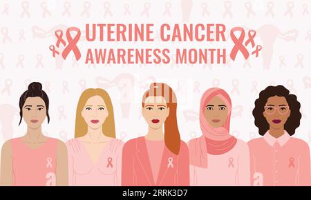 Uteruskrebs-Sensibilisierungsmonat. Verschiedene Frauen mit Pfirsichbändern auf der Brust stehen gemeinsam gegen Krebs. Krebsprävention, Frauengesundheitspflege. Stock Vektor