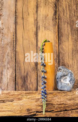 Stillleben mit Lupine in einer Holzvase und Flotsam und Jetsam, hölzerner Hintergrund, textfreier Raum Stockfoto