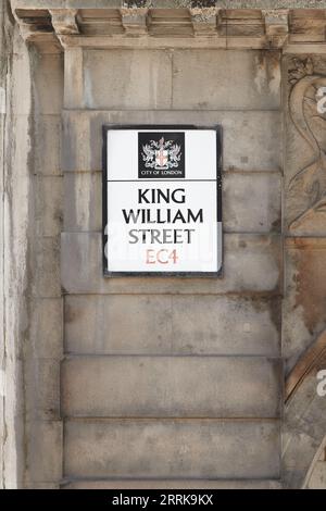 Straßenschild zur King William Street, EC4, City of London, England. Stockfoto