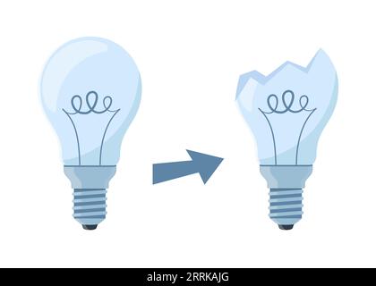 Glühlampe und defekte Glühlampe. Elektrische Lampe, Licht, Inovation, Lösung, kreatives Denken, Elektrizität Vektorillustration Stock Vektor