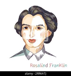 Rosalind Franklin farbiges Bleistiftporträt auf weißem Hintergrund. Britischer Chemiker und Röntgenkristallograf Stockfoto