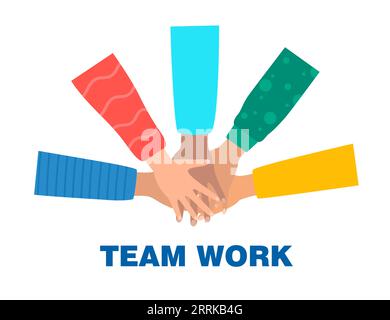 Multikulturelle Menschen, die Hände zusammenlegen. Teamarbeit, Freundschaft, Einheit, Hilfe, Gleichheit, Unterstützung, Partnerschaft, Gemeinschaft, Freundschaft zu sozialen Bewegungen Stock Vektor