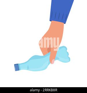 Hand hält zerknitterte Kunststoffflasche. Die Plastikflasche wird von Hand in den Mülleimer geworfen. Kunststoffabfälle. Müllsortierung, Recycling. Vektorillustration Stock Vektor