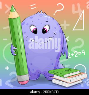 Niedliches Karikaturmonster mit einem großen grünen Bleistift und Büchern. Schulvektorillustration mit einem Tier auf einem bunten Hintergrund. Stock Vektor