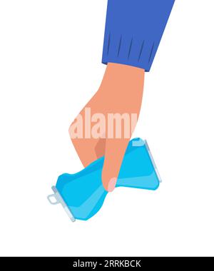 Handhaltekanne aus gequetschtem Natron-Aluminium. Die Hand wirft die zerbrochene Dose in den Mülleimer. Metallabfälle. Müllsortierung, Recycling. Vektorillustration Stock Vektor