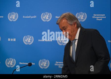 New Delhi, Delhi, Indien. September 2023. Der Generalsekretär der Vereinten Nationen, AntÃ³nio Guterres, kommt zu einer Pressekonferenz vor dem G20-Gipfel am 8. September 2023 in Neu-Delhi, Indien. (Bild: © Kabir Jhangiani/ZUMA Press Wire) NUR REDAKTIONELLE VERWENDUNG! Nicht für kommerzielle ZWECKE! Stockfoto