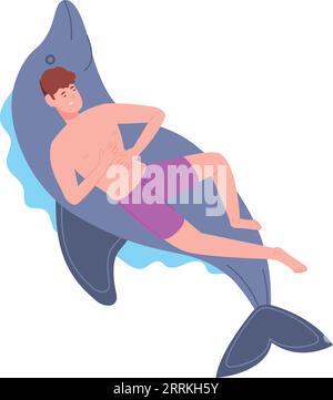 Mann schwimmt auf aufblasbarer Matratze. Cartoon Pool Luftbett isoliert auf weißem Hintergrund Stock Vektor