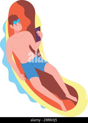 Junger Mann auf dem Schwimmbett. Sommerurlaubscharakter isoliert auf weißem Hintergrund Stock Vektor