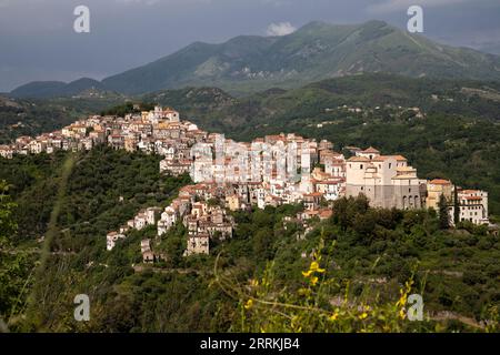 Wunderschöne Aussicht auf die weiße Stadt, mediterranes Bergdorf inmitten der Natur, Rivello, Kampanien, Salerno, Italien Stockfoto