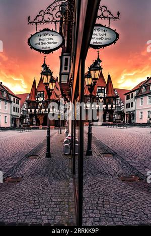 Wunderschöne Altstadt und historische Fachwerkhäuser in der Stadt Michelstadt in Hessen, Deutschland Stockfoto