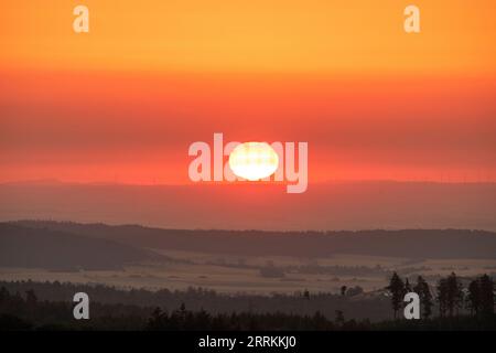 Landschaftsaufnahme im Taunus, schöne Natur bei Sonnenaufgang, Wald und Wiesen in Hessen, Deutschland Stockfoto