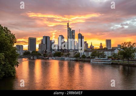 Sonnenuntergang über der Frankfurter Skyline, Blick über den Main zur Bankenstadt mit Wolkenkratzern am Abend Stockfoto