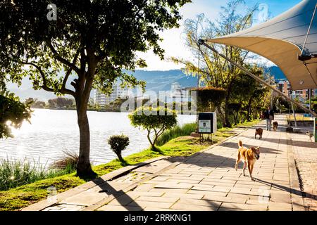 Paipa, Boyaca, Kolumbien – 8. August 2023: Pfad des künstlichen Sees Sochagota, der 1956 erbaut wurde, um Paipa ein touristisches Potenzial zu bieten Stockfoto