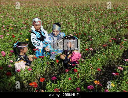 220915 -- HARBIN, 15. September 2022 -- Shang Meihan verbringt Zeit mit lokalen Kindern auf einem Blumenfeld im ethnischen Dorf Zhuaji der Hezhe in der Stadt Wusu der Stadt Fuyuan, nordöstliche Provinz Heilongjiang, 4. September 2022. Die Hezhes sind eine der kleinsten ethnischen Minderheiten in China. Sie leben hauptsächlich durch Jagd und Fischerei in den Ebenen in der nordöstlichen Provinz Heilongjiang. Shang Meihan ist eine junge Frau aus der ethnischen Gruppe der Hezhe. Während seiner Tätigkeit als Beamter in der Stadt Wusu ist der 25-Jährige auch Teilzeitbotschafter für Kultur. In ihrer Freizeit arbeitet sie als Volontärin Stockfoto