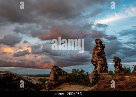 Teufelsmauer im Harz, beleuchtet von der Abendsonne, Weddersleben, Sachsen-Anhalt, Deutschland Stockfoto