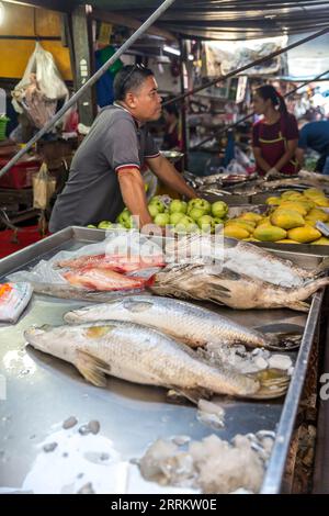 Fischhändler, der Lebensmittel auf Schienen verkauft, Maeklong Railway Market, Talad Rom Hub Railroad Market, in der Nähe von Bangkok, Samut Songkhram, Thailand, Asien Stockfoto