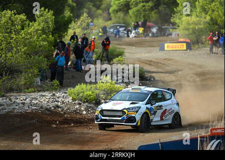 Loutraki, Lombardei, Griechenland. September 2023. NATANIEL BRUUN aus den USA und CLAUDIO BUSTOS aus Argentinien konkurrieren mit ihrer Ford Fiesta Rally3 #66 während des ersten Tages der FIA World Rally Championship EKO Acropolis Rally am 08. September 2023 in Loutraki, Griechenland. (Bild: © Stefanos Kyriazis/ZUMA Press Wire) NUR REDAKTIONELLE VERWENDUNG! Nicht für kommerzielle ZWECKE! Stockfoto