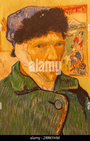 England, London, The Strand, Courtauld Gallery, Gemälde mit dem Titel „Selbstportrait mit Bandage Ear“ von Vincent van Gogh aus dem Jahr 1889 Stockfoto