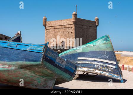 Malerische Scala du Port am Hafen von Essaouira, Marokko Stockfoto