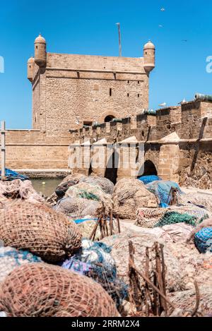 Malerische Scala du Port am Hafen von Essaouira, Marokko Stockfoto