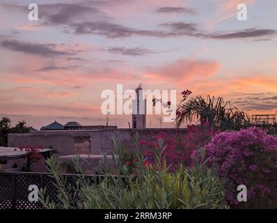 Panoramablick auf die Medina von Marrakesch von einem Dach aus, Marokko Stockfoto