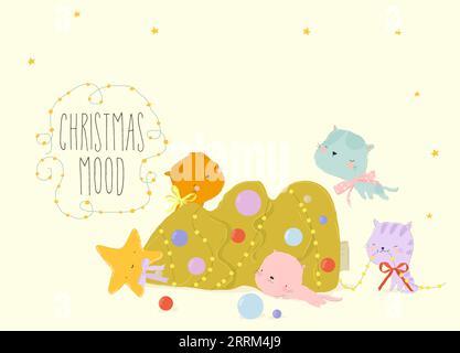 Katzen ließen den Weihnachtsbaum fallen. Frohes Neues Jahr 2024. Stock Vektor