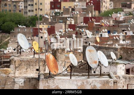 Satellitenschüsseln auf den Dächern von Wohnhäusern in der Medina von Fez, Marokko Stockfoto