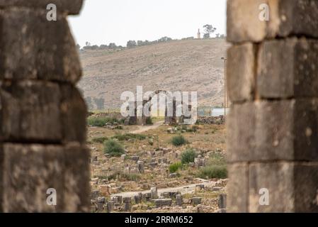 Ruinen der antiken römischen Stadt Volubilis in Marokko, Nordafrika Stockfoto