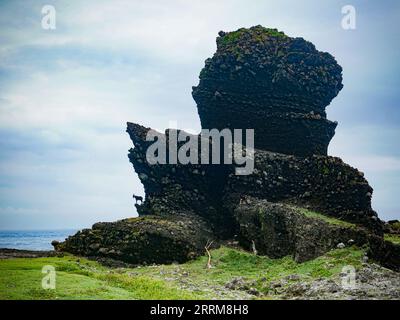 Lanyu, Taiwan. September 2023. Eine Ziege auf einer Felsformation, die von einem vulkanischen Berg der Orchideeninsel verwittert wurde. Die Orchideeninsel (Lanyu) ist eine vulkanische Insel außerhalb von Taitung und wird als Pongso no Tao („Insel der Menschen“) bezeichnet. Die Insel war die Heimat der Aborigines, der Tao. Seit prähistorischen Zeiten und ist heute ein beliebter Touristenort für diejenigen, die vom Festland fliehen wollen. (Foto: Jasmine Leung/SOPA Images/SIPA USA) Credit: SIPA USA/Alamy Live News Stockfoto