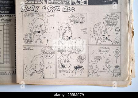 Rock N Roll Zoo Cartoon in der 1970er-Ausgabe von Sounds Music Paper Stockfoto