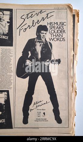 Werbespot für Steve Forbert Album 'Alive on Arrival' in der 1970er-Ausgabe von Sounds Music Paper Stockfoto