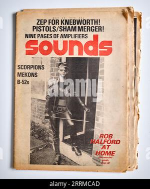 1970er-Ausgabe von Sounds mit Rob Halford von Judas Priest auf dem Cover Stockfoto