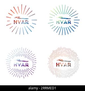 Hvar Low Poly Sunburst Set. Logo der Insel im geometrischen polygonalen Stil. Vektorillustration. Stock Vektor