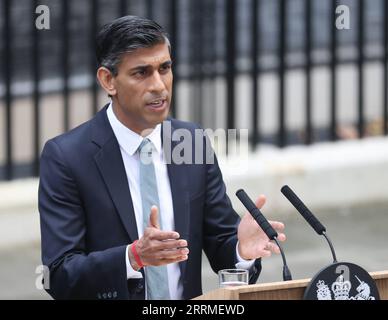 221025 -- LONDON, 25. Oktober 2022 -- der neue britische Premierminister Rishi Sunak hält seine erste Rede vor der Nation vor der 10 Downing Street in London, Großbritannien, 25. Oktober 2022. Rishi Sunak wurde am Dienstag britischer Premierminister, nachdem er König Karl III. Im Buckingham Palace getroffen hatte, wo der Monarch ihn nach dem Rücktritt von Liz Truss um die Bildung einer Regierung bat. Sunak, Großbritanniens ehemaliger Schatzkanzler, gewann am Montag das Führungsrennen der konservativen Partei. BRITAIN-LONDON-NEW PM-FIRST ADDRESS LIXYING PUBLICATIONXNOTXINXCHN Stockfoto