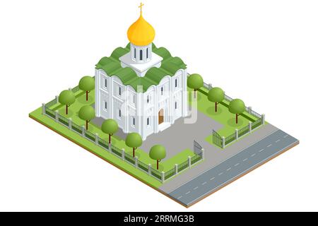 Isometrisches orthodoxes Kirchengebäude isoliert auf weißem Hintergrund. Die östliche Orthodoxe Kirche, auch Orthodoxe Kirche genannt und offiziell die Stock Vektor