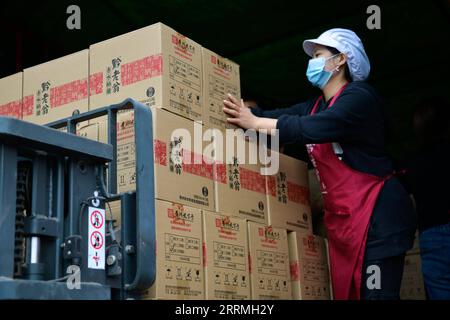 221030 -- CHISHUI, 30. Oktober 2022 -- Ein Arbeiter verschiebt Flaschenessig in eine Essigfabrik in Chishui, südwestchinesische Provinz Guizhou, 28. Oktober 2022. Chishui wird für seinen Sonnessig gefeiert, der ein traditionelles Herstellungsverfahren beibehalten hat. Die Produktionstechniken des Chishui-Essigs, die den Sonnenaufgang kennzeichnen, wurden 2009 als immaterielles Kulturerbe der Provinz Guizhou und 2021 als nationales Kulturerbe aufgeführt. Der Essig ist für seinen einzigartigen Geschmack bekannt, auch wegen seines bewährten Rezepts, das einige pflanzliche Arzneimittel enthält. Die lokale Regierung legt großen Wert auf die in Stockfoto