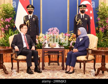 221102 -- SINGAPUR, 2. November 2022 -- der chinesische Vize-Premier Han Zheng trifft sich am 2. November 2022 mit dem singapurischen Präsidenten Halimah Yacob in Singapur. Der chinesische Vize-Ministerpräsident Han Zheng besuchte Singapur von Dienstag bis Mittwoch auf Einladung und leitete hier vier Treffen bilateraler Kooperationsmechanismen. Während seines Besuchs traf Han mit dem singapurischen Präsidenten Halimah Yacob, Premierminister Lee Hsien Loong, dem stellvertretenden Premierminister Lawrence Wong, dem stellvertretenden Premierminister Heng Swee Keat und dem Senior Minister Teo Chee Hean zusammen. Han war am Dienstag, dem 18. Joint Counc China-Singapur, gemeinsam mit Heng Gastgeber Stockfoto