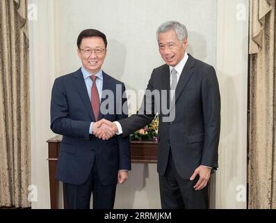 221102 -- SINGAPUR, 2. November 2022 -- der chinesische Vize-Premier Han Zheng trifft sich am 2. November 2022 in Singapur mit dem singapurischen Premierminister Lee Hsien Loong. Der chinesische Vize-Ministerpräsident Han Zheng besuchte Singapur von Dienstag bis Mittwoch auf Einladung und leitete hier vier Treffen bilateraler Kooperationsmechanismen. Während seines Besuchs traf Han mit dem singapurischen Präsidenten Halimah Yacob, Premierminister Lee Hsien Loong, dem stellvertretenden Premierminister Lawrence Wong, dem stellvertretenden Premierminister Heng Swee Keat und dem Senior Minister Teo Chee Hean zusammen. Han war am Dienstag, dem 18. China-Singapur Join, gemeinsam mit Heng Gastgeber Stockfoto