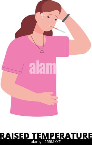 Erhöhte Temperatur. Infografiken zu Krankheitssymptomen. Frau mit Fieber isoliert auf weißem Hintergrund Stock Vektor