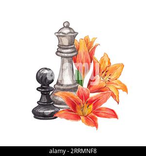 Schachstücke in Blumen. Aquarell handgezeichnete Illustration von hölzernen Schachstücken und orangen Lilien. Clipart auf weißem Hintergrund für das Design von Stockfoto