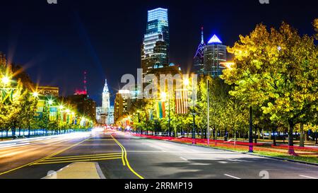 Philadelphia Stadtbild Panorama bei Nacht Stockfoto