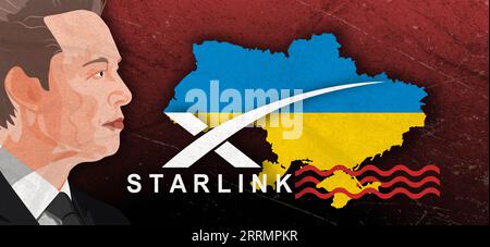 Karte der Ukraine ist in den Farben der Flagge der Ukraine gefärbt . 27. Februar 2022 Elon Musk aktiviert den Starlink-Internetdienst in der Ukraine Stockfoto