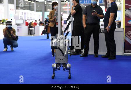 221115 -- SHENZHEN, 15. Nov. 2022 -- dieses Foto, das am 15. Nov. 2022 aufgenommen wurde, zeigt einen Roboterhund auf der 24. China Hi-Tech Fair CHTF in Shenzhen, südchinesische Provinz Guangdong. Die 24. China Hi-Tech Fair CHTF startete am Dienstag in Shenzhen, der südchinesischen Provinz Guangdong, und zog über 5.600 Aussteller aus 41 Ländern und Regionen an. Auf der fünftägigen Veranstaltung werden mehr als 8.600 Ausstellungsstücke mit einer Gesamtfläche von mehr als 300.000 Quadratmetern ausgestellt. CHINA-GUANGDONG-SHENZHEN-HI-TECH MESSE-ERÖFFNUNG CN MAOXSIQIAN PUBLICATIONXNOTXINXCHN Stockfoto