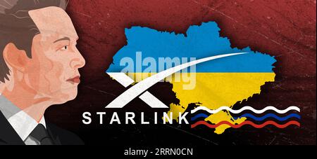 Porträt Elon Musk, Starlink Logo und Karte der Ukraine auf dem Hintergrund der ukrainischen Flagge und eine Welle in der Farbe der russischen Flagge Stockfoto